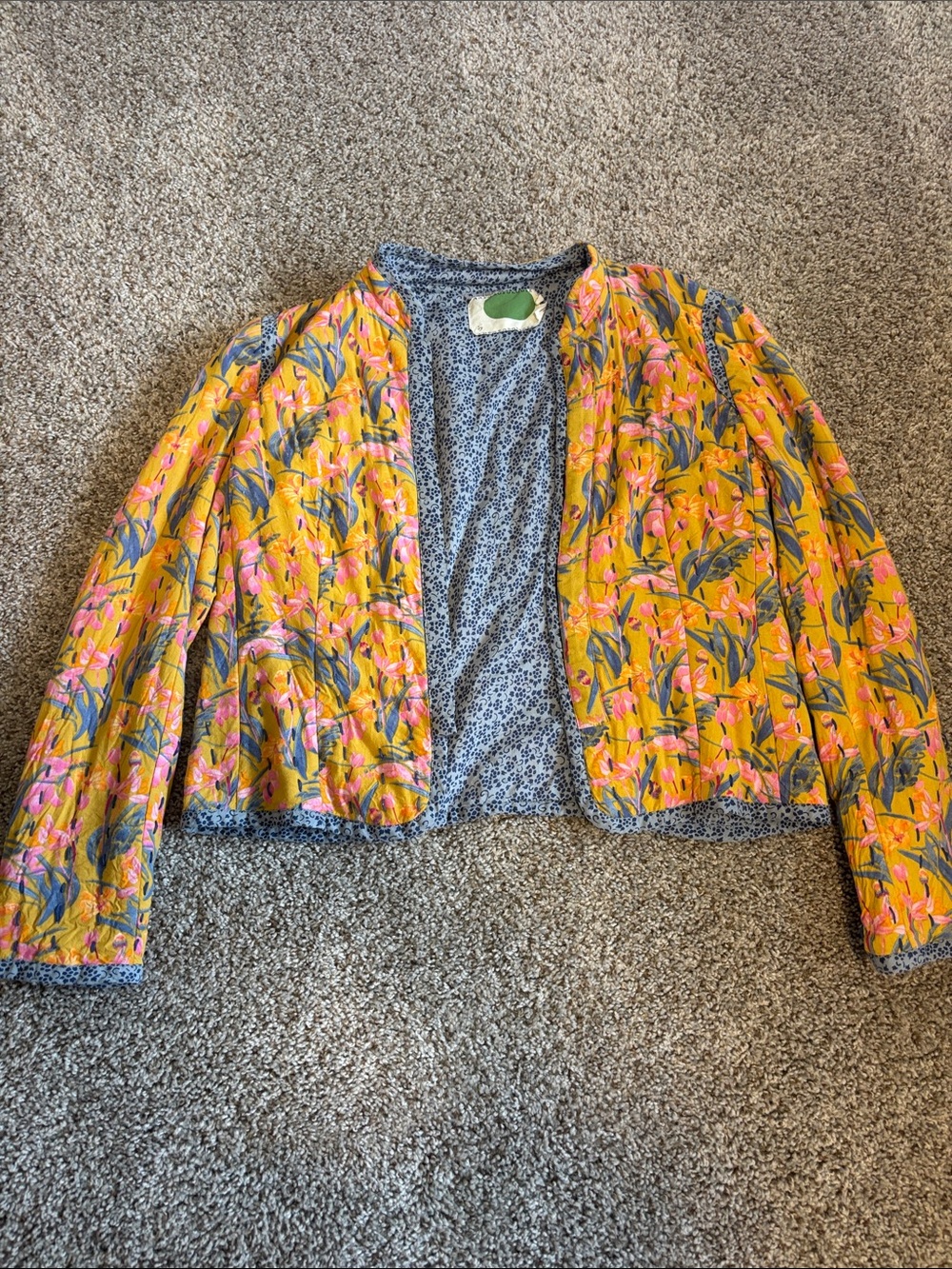 Anthropologie Yellow Floral Quilted Open-Front Jacket